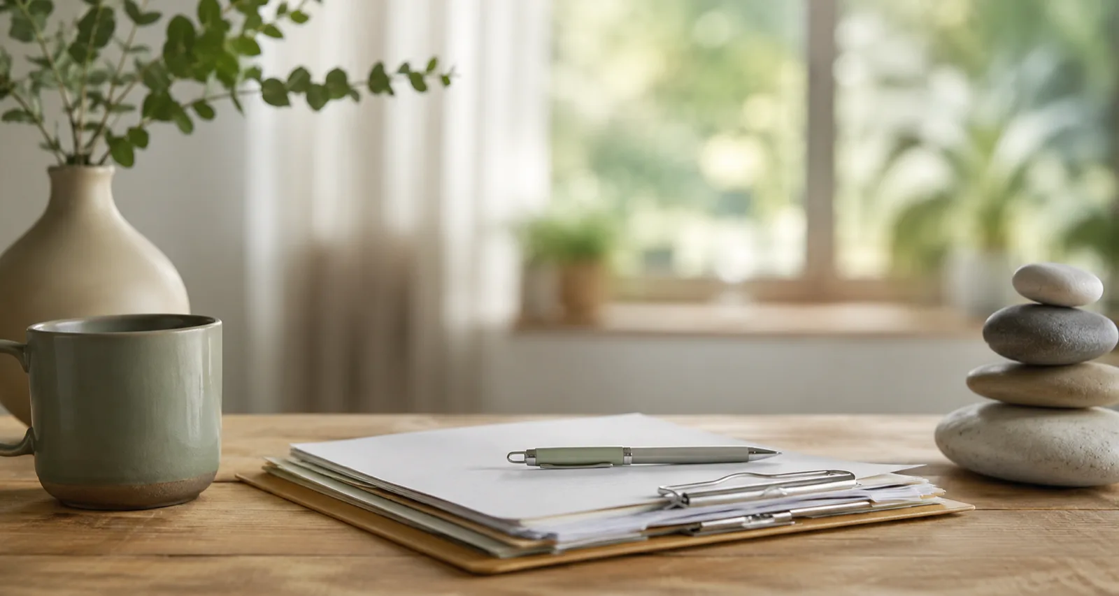 Ruhiger Arbeitsplatz mit Notizen, Kaffee und Pflanze