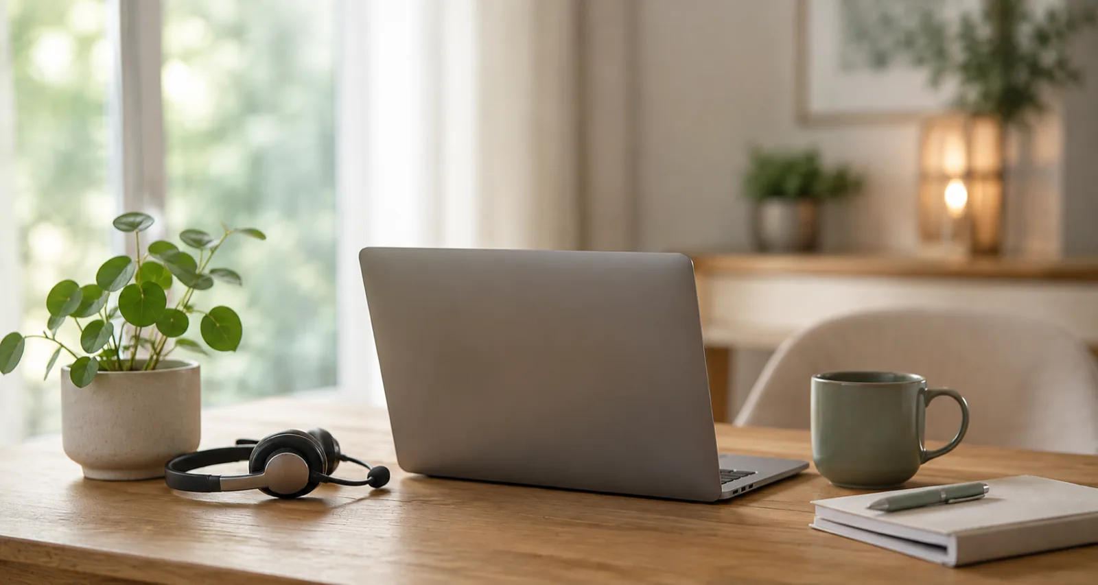 Laptop und Headset für die Online-Beratung an einem ruhigen Arbeitsplatz